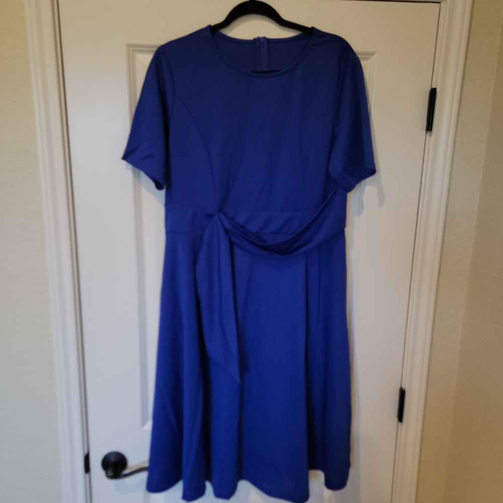 Royal Blue Tie Front Short Sleeve Midi Fit & Flare Dress XL